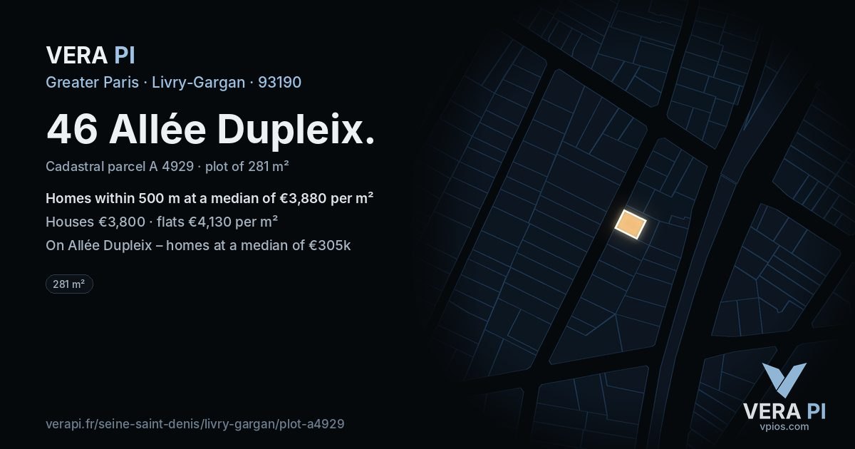 46 Allée Dupleix, Livry-Gargan at night – the plot lit, the parcels around coloured by the prices near them