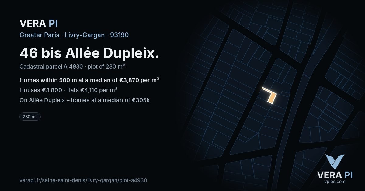 46 bis Allée Dupleix, Livry-Gargan at night – the plot lit, the parcels around coloured by the prices near them