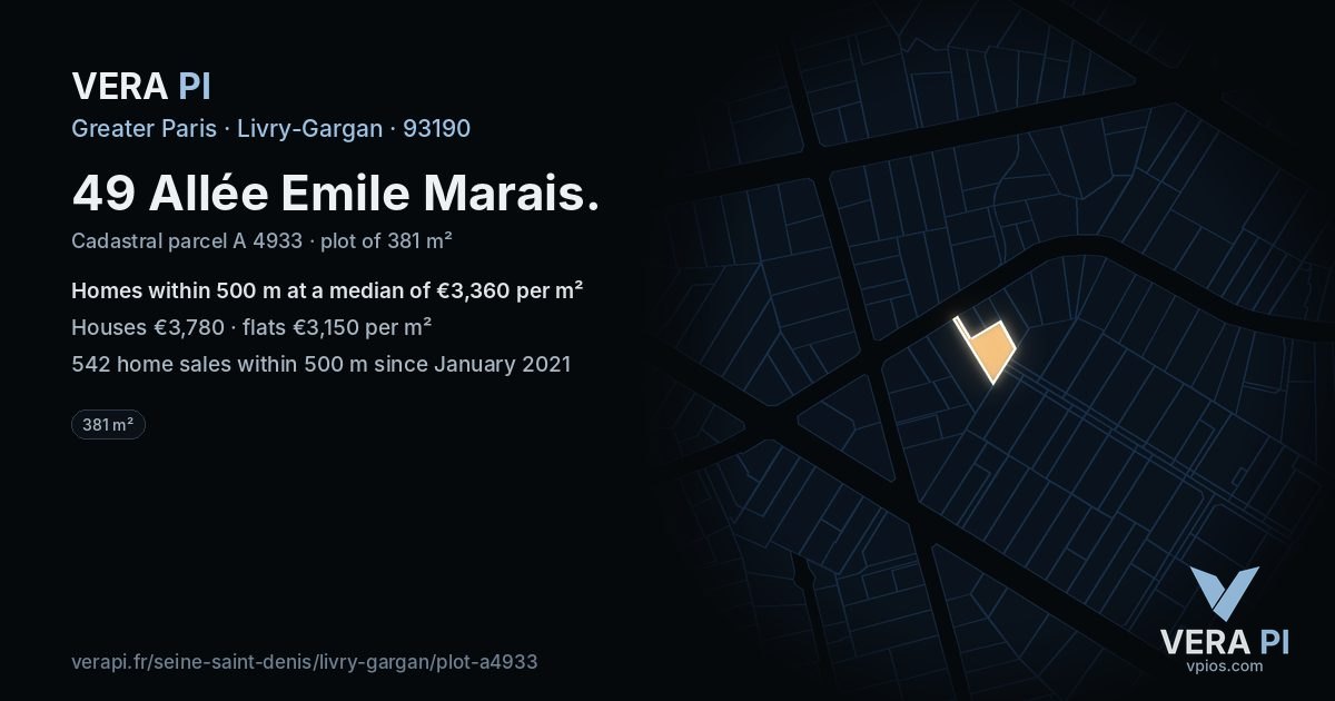 49 Allée Emile Marais, Livry-Gargan at night – the plot lit, the parcels around coloured by the prices near them