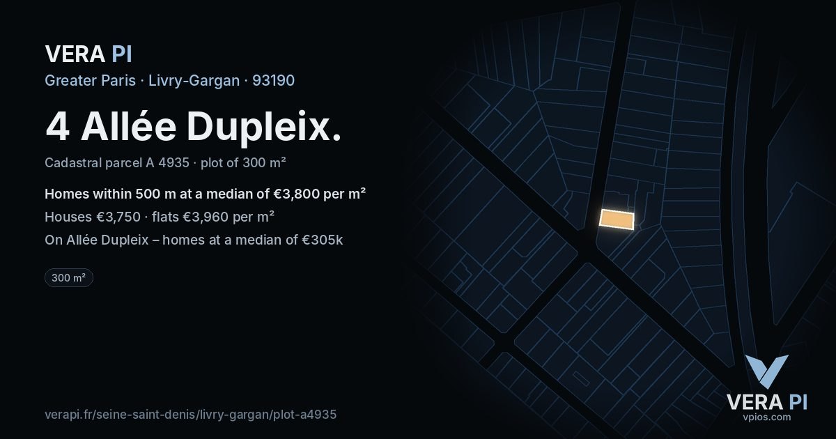 4 Allée Dupleix, Livry-Gargan at night – the plot lit, the parcels around coloured by the prices near them