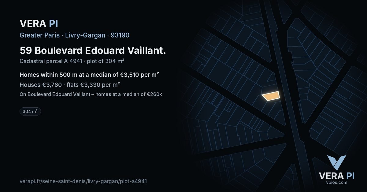 59 Boulevard Edouard Vaillant, Livry-Gargan at night – the plot lit, the parcels around coloured by the prices near them