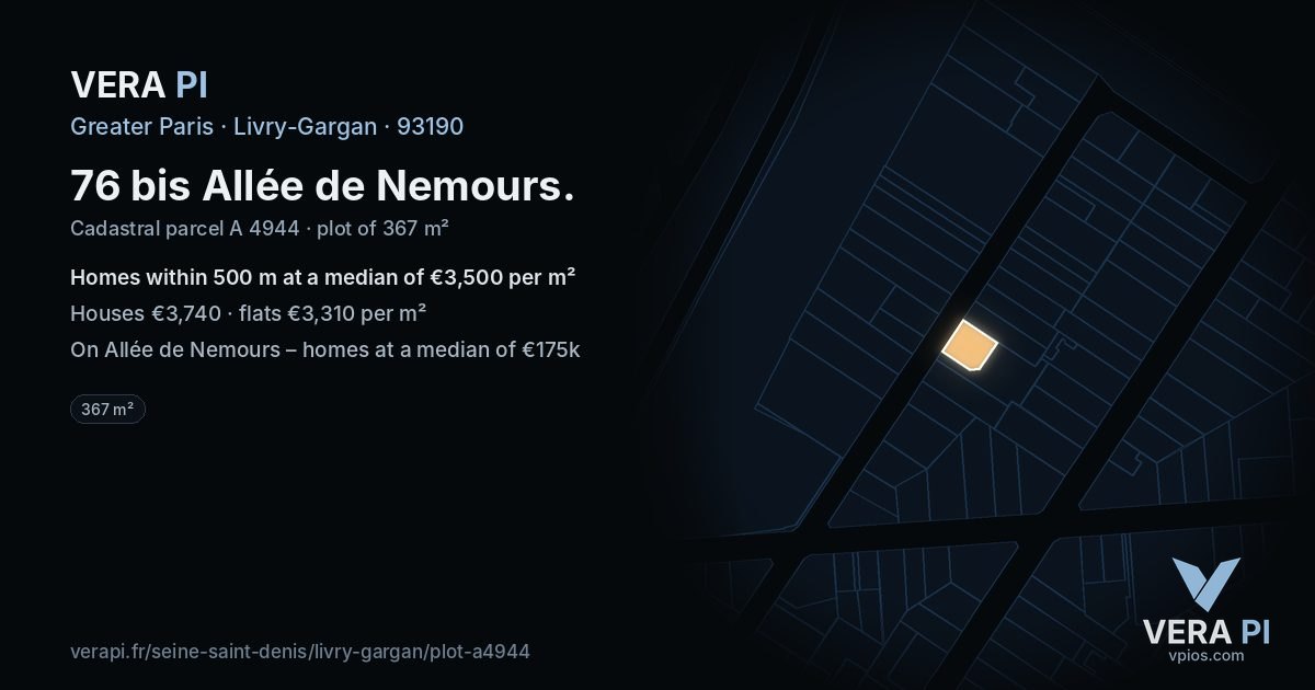 76 bis Allée de Nemours, Livry-Gargan at night – the plot lit, the parcels around coloured by the prices near them
