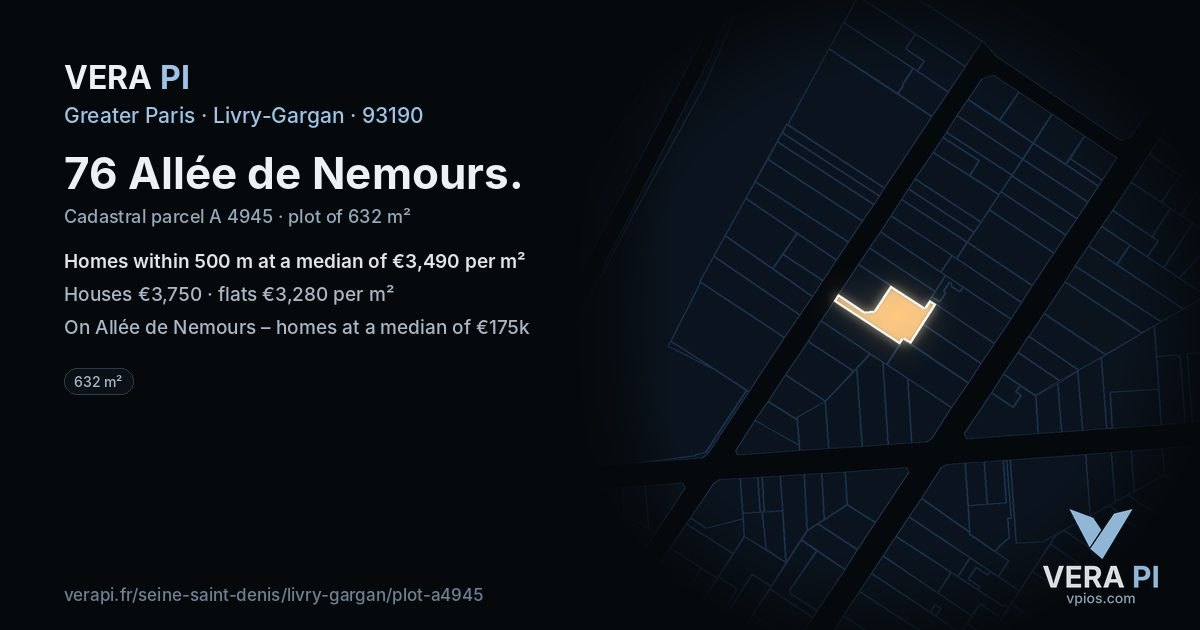 76 Allée de Nemours, Livry-Gargan at night – the plot lit, the parcels around coloured by the prices near them