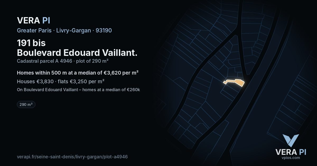 191 bis Boulevard Edouard Vaillant, Livry-Gargan at night – the plot lit, the parcels around coloured by the prices near them