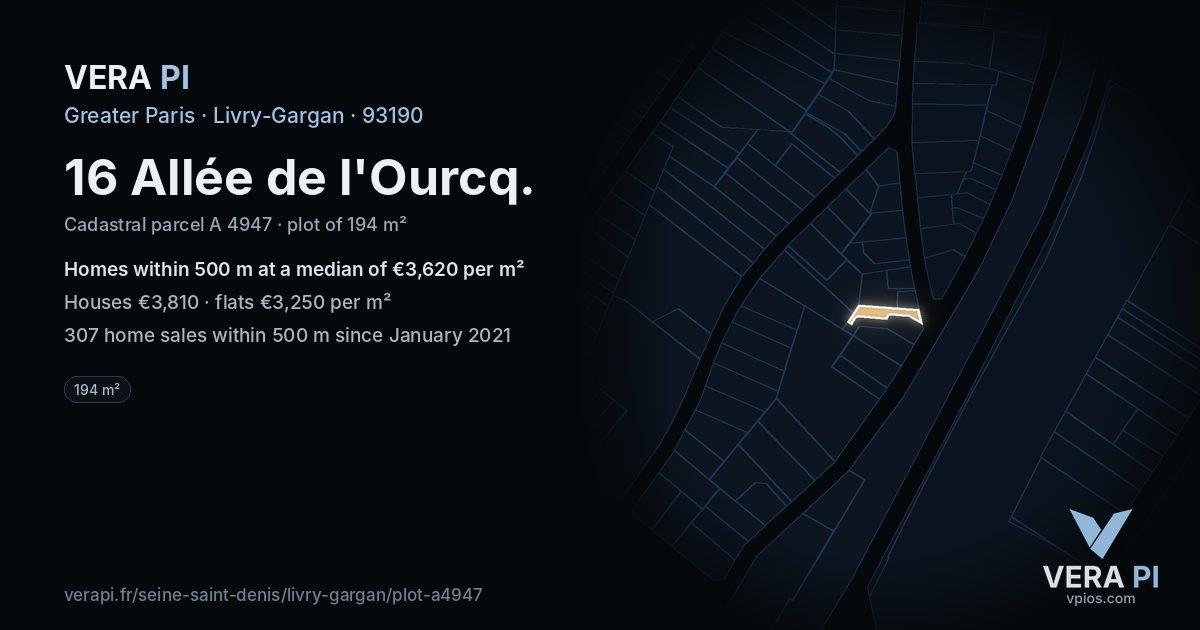 16 Allée de l'Ourcq, Livry-Gargan at night – the plot lit, the parcels around coloured by the prices near them