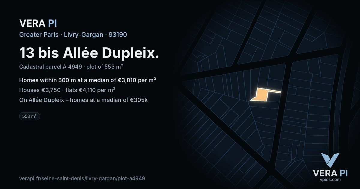 13 bis Allée Dupleix, Livry-Gargan at night – the plot lit, the parcels around coloured by the prices near them