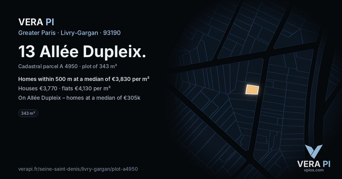 13 Allée Dupleix, Livry-Gargan at night – the plot lit, the parcels around coloured by the prices near them