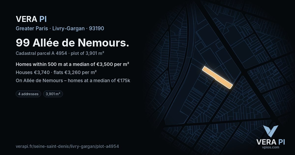 99 Allée de Nemours, Livry-Gargan at night – the plot lit, the parcels around coloured by the prices near them