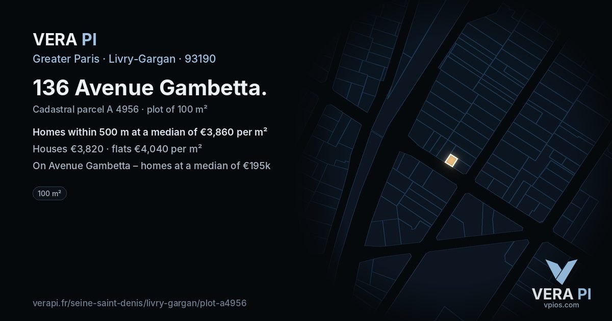 136 Avenue Gambetta, Livry-Gargan at night – the plot lit, the parcels around coloured by the prices near them