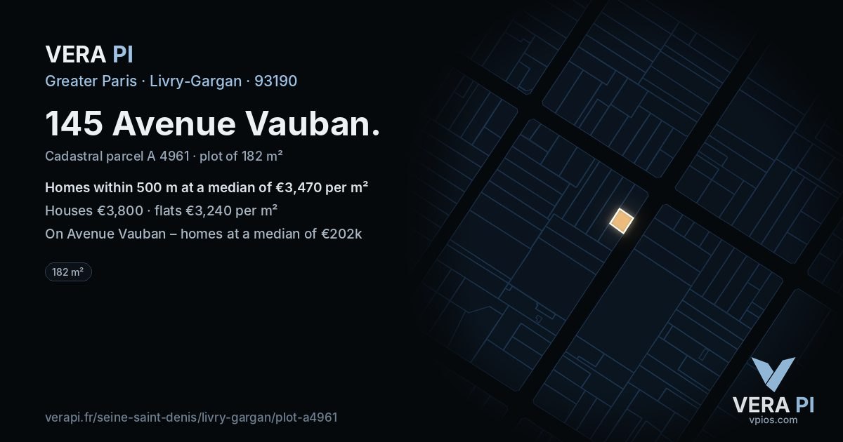 145 Avenue Vauban, Livry-Gargan at night – the plot lit, the parcels around coloured by the prices near them