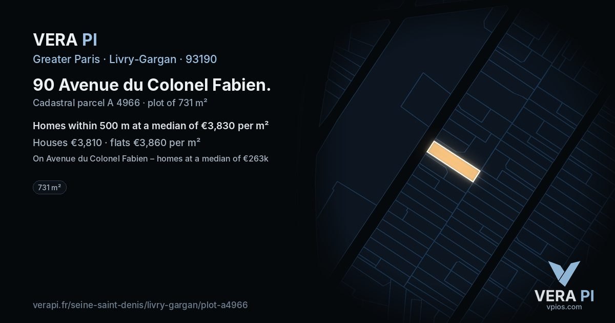 90 Avenue du Colonel Fabien, Livry-Gargan at night – the plot lit, the parcels around coloured by the prices near them