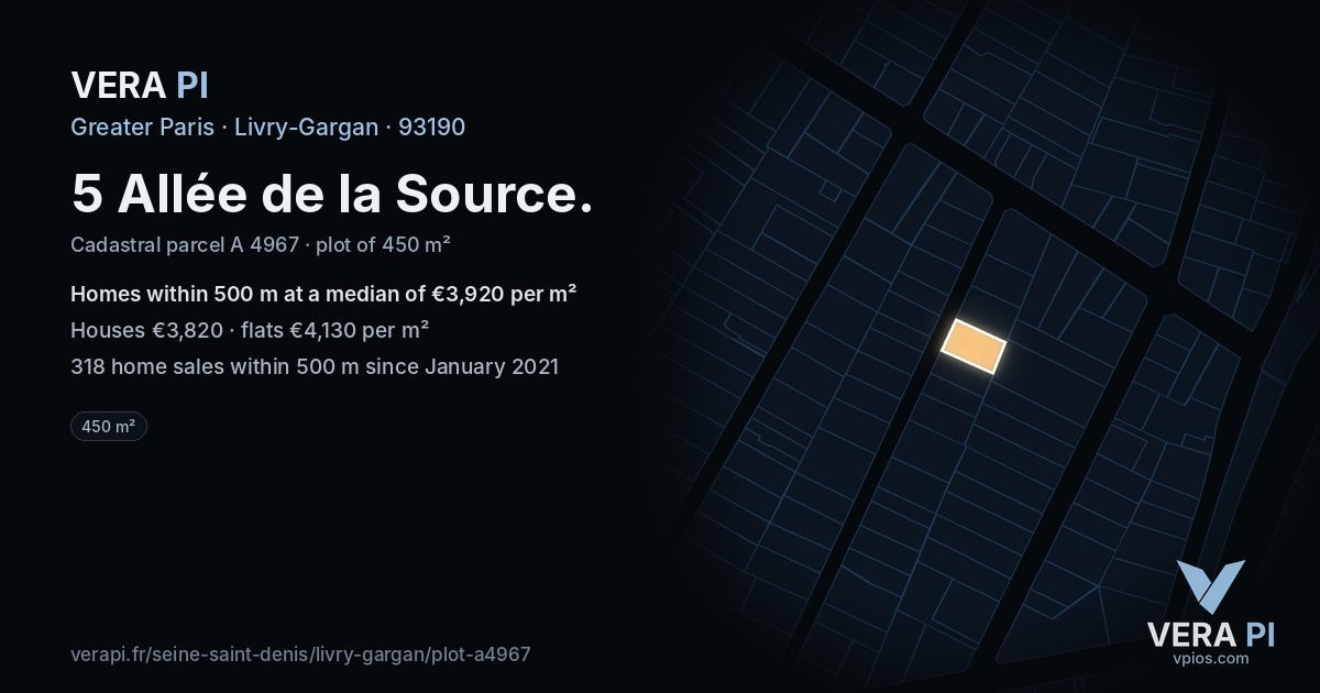 5 Allée de la Source, Livry-Gargan at night – the plot lit, the parcels around coloured by the prices near them