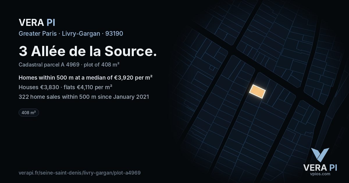 3 Allée de la Source, Livry-Gargan at night – the plot lit, the parcels around coloured by the prices near them