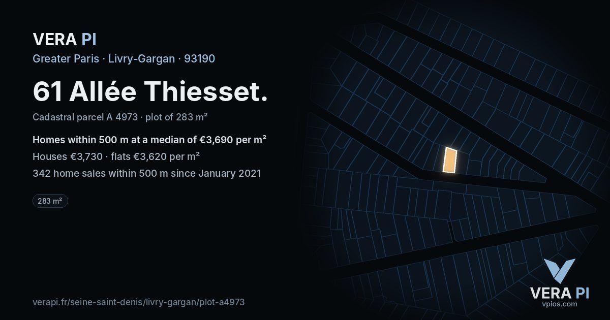 61 Allée Thiesset, Livry-Gargan at night – the plot lit, the parcels around coloured by the prices near them
