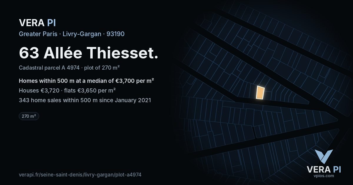 63 Allée Thiesset, Livry-Gargan at night – the plot lit, the parcels around coloured by the prices near them