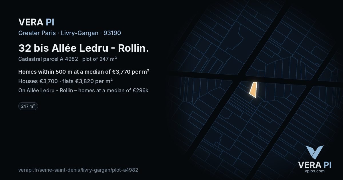 32 bis Allée Ledru - Rollin, Livry-Gargan at night – the plot lit, the parcels around coloured by the prices near them