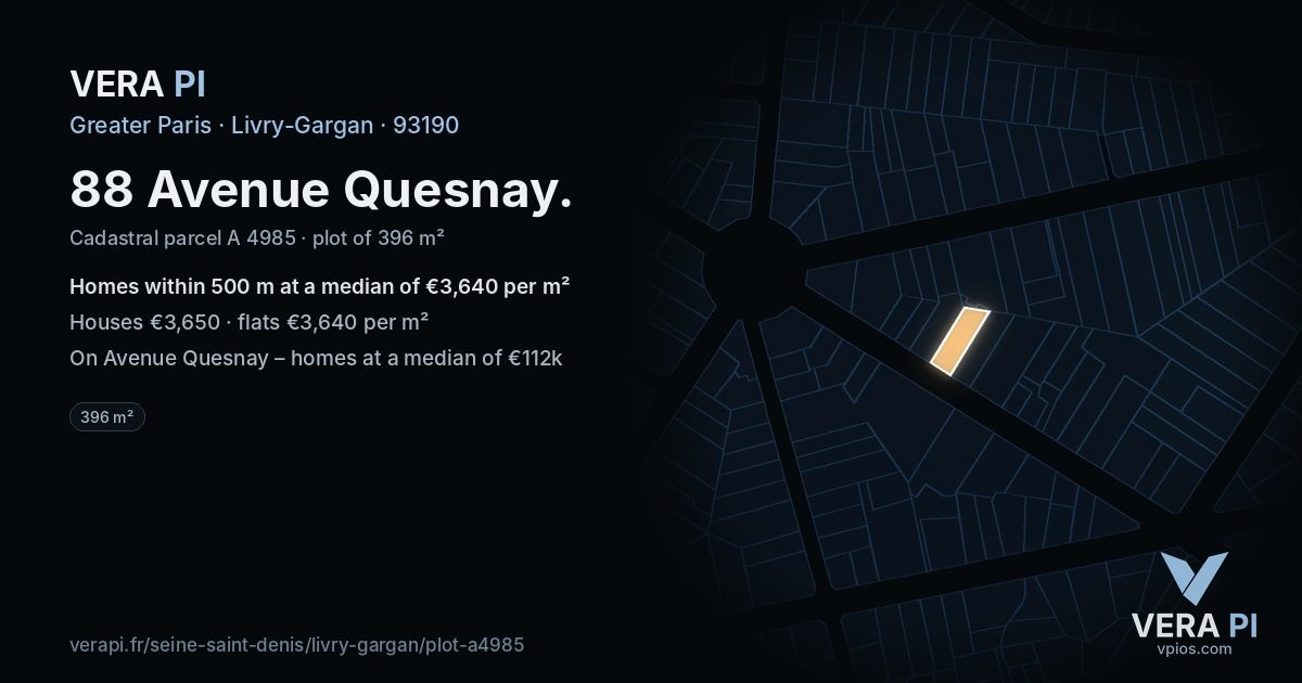 88 Avenue Quesnay, Livry-Gargan at night – the plot lit, the parcels around coloured by the prices near them