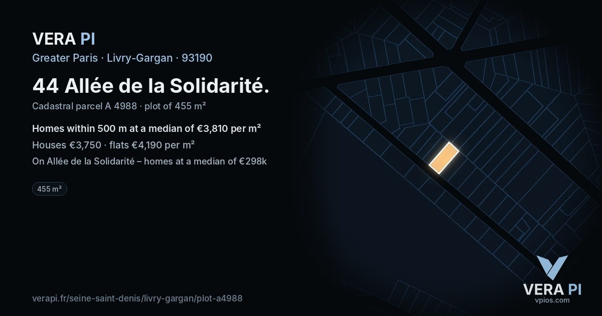 44 Allée de la Solidarité, Livry-Gargan at night – the plot lit, the parcels around coloured by the prices near them