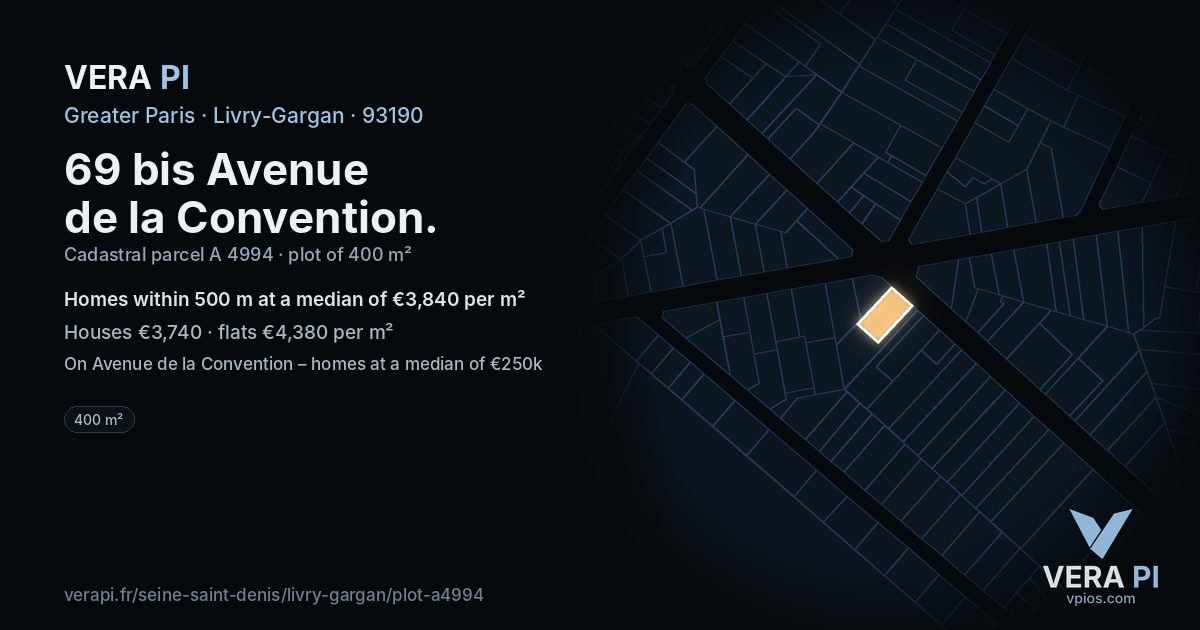 69 bis Avenue de la Convention, Livry-Gargan at night – the plot lit, the parcels around coloured by the prices near them