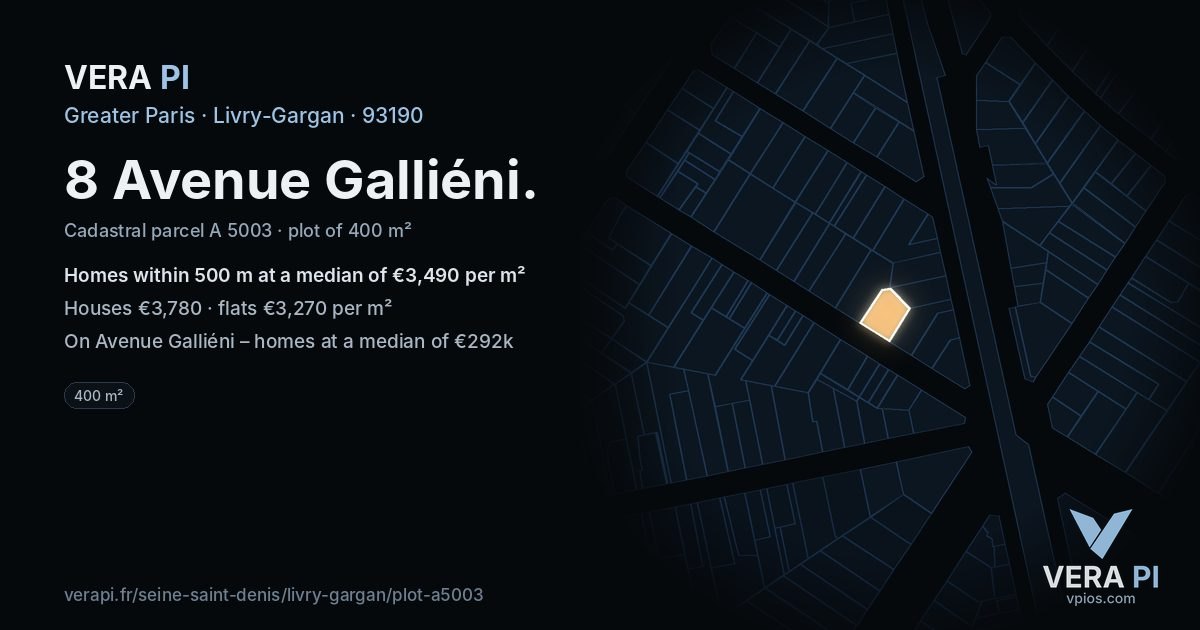 8 Avenue Galliéni, Livry-Gargan at night – the plot lit, the parcels around coloured by the prices near them