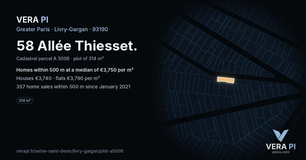 58 Allée Thiesset, Livry-Gargan at night – the plot lit, the parcels around coloured by the prices near them