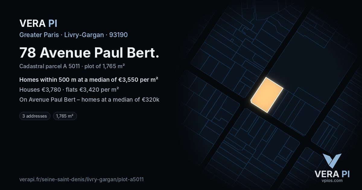 78 Avenue Paul Bert, Livry-Gargan at night – the plot lit, the parcels around coloured by the prices near them
