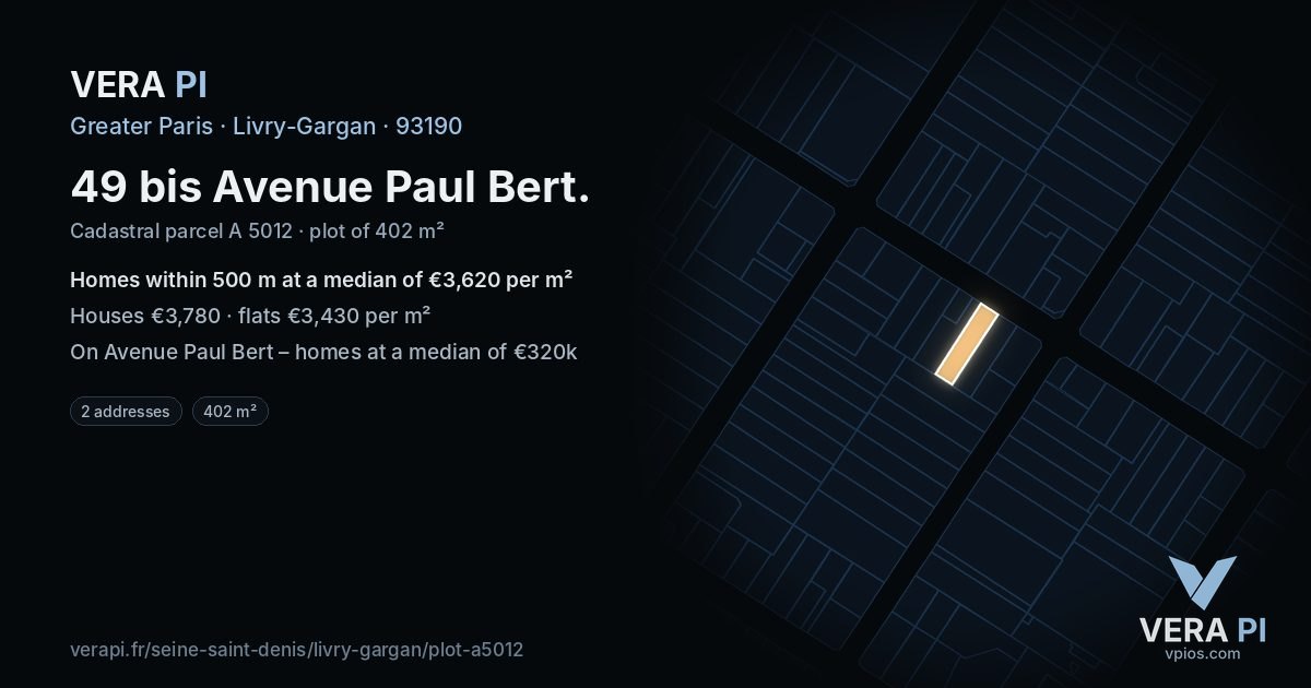 49 bis Avenue Paul Bert, Livry-Gargan at night – the plot lit, the parcels around coloured by the prices near them