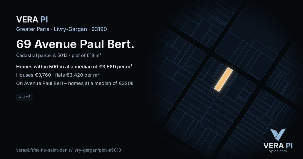 69 Avenue Paul Bert, Livry-Gargan at night – the plot lit, the parcels around coloured by the prices near them