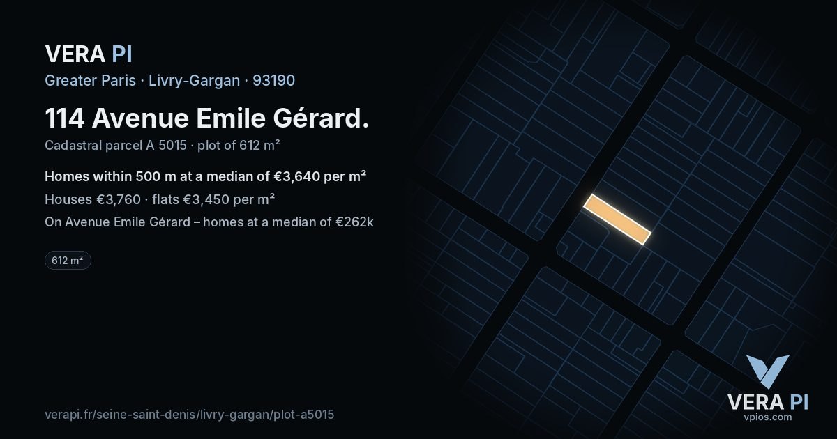 114 Avenue Emile Gérard, Livry-Gargan at night – the plot lit, the parcels around coloured by the prices near them