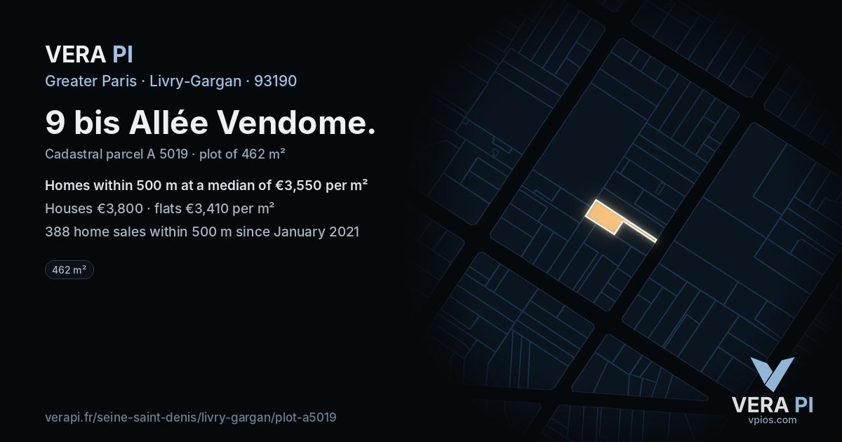 9 bis Allée Vendome, Livry-Gargan at night – the plot lit, the parcels around coloured by the prices near them