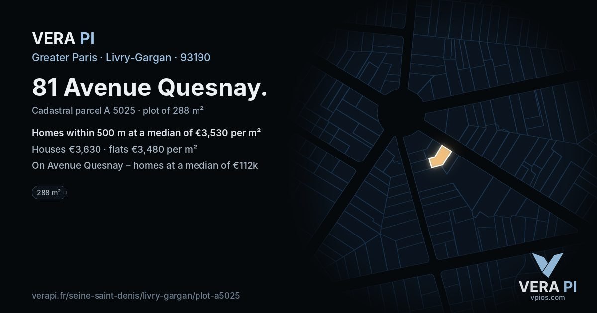 81 Avenue Quesnay, Livry-Gargan at night – the plot lit, the parcels around coloured by the prices near them