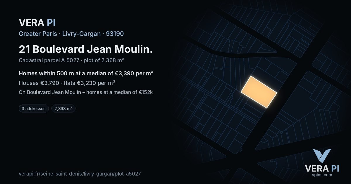 21 Boulevard Jean Moulin, Livry-Gargan at night – the plot lit, the parcels around coloured by the prices near them