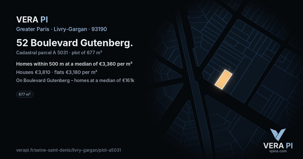 52 Boulevard Gutenberg, Livry-Gargan at night – the plot lit, the parcels around coloured by the prices near them