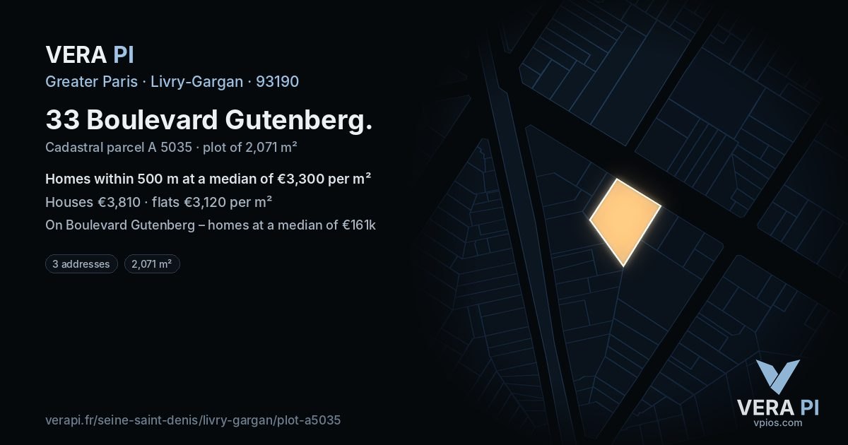 33 Boulevard Gutenberg, Livry-Gargan at night – the plot lit, the parcels around coloured by the prices near them