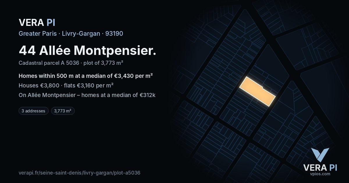 44 Allée Montpensier, Livry-Gargan at night – the plot lit, the parcels around coloured by the prices near them