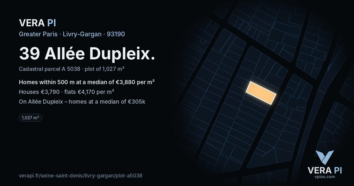 39 Allée Dupleix, Livry-Gargan at night – the plot lit, the parcels around coloured by the prices near them