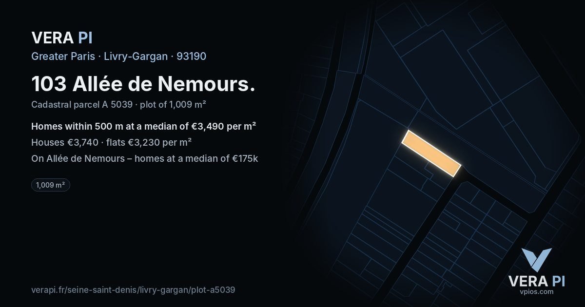 103 Allée de Nemours, Livry-Gargan at night – the plot lit, the parcels around coloured by the prices near them