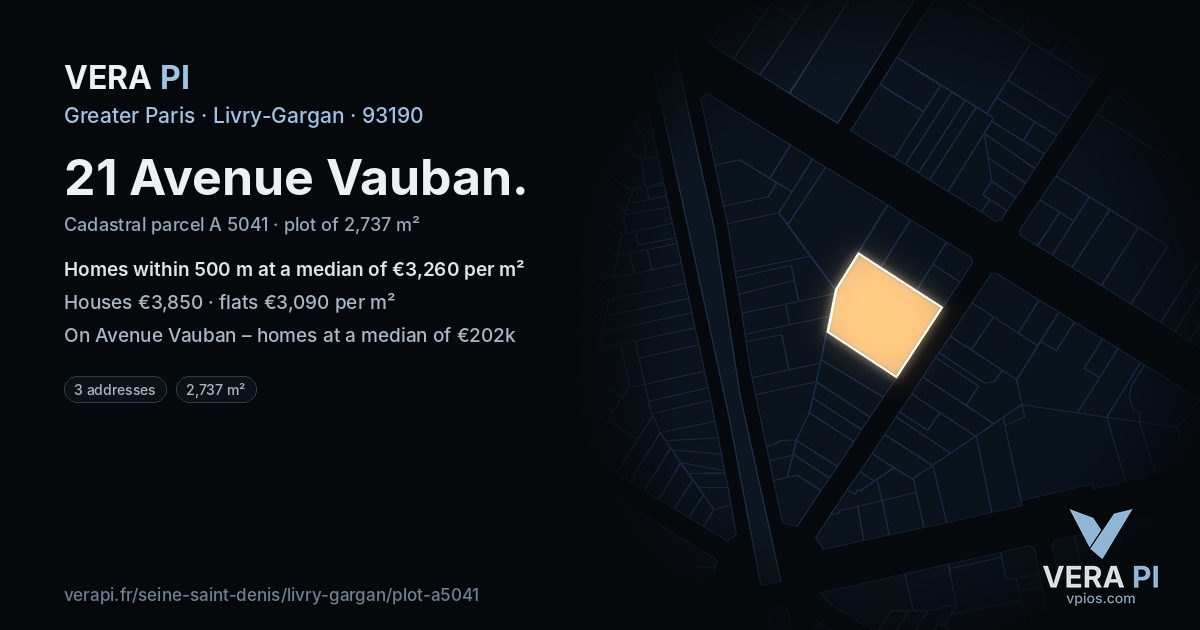 21 Avenue Vauban, Livry-Gargan at night – the plot lit, the parcels around coloured by the prices near them