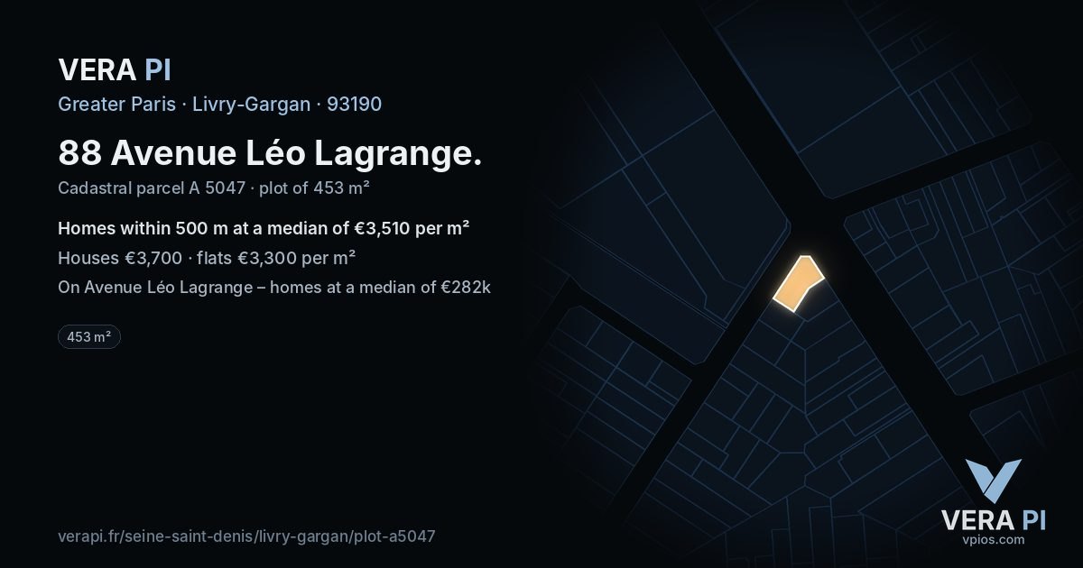 88 Avenue Léo Lagrange, Livry-Gargan at night – the plot lit, the parcels around coloured by the prices near them