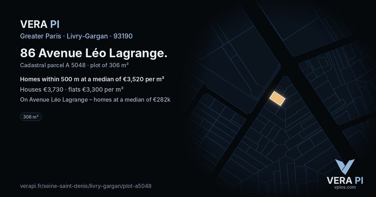 86 Avenue Léo Lagrange, Livry-Gargan at night – the plot lit, the parcels around coloured by the prices near them