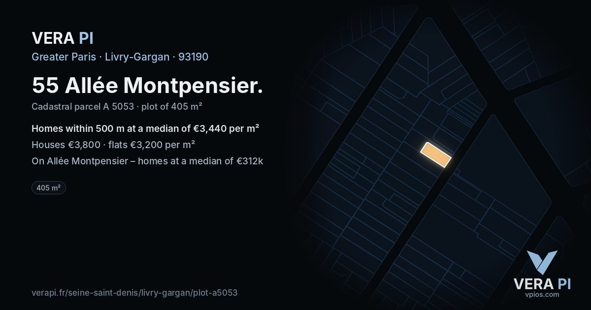 55 Allée Montpensier, Livry-Gargan at night – the plot lit, the parcels around coloured by the prices near them