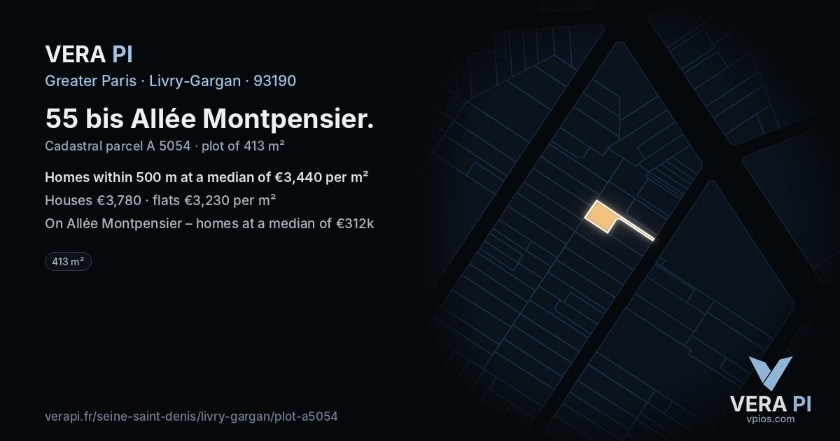 55 bis Allée Montpensier, Livry-Gargan at night – the plot lit, the parcels around coloured by the prices near them