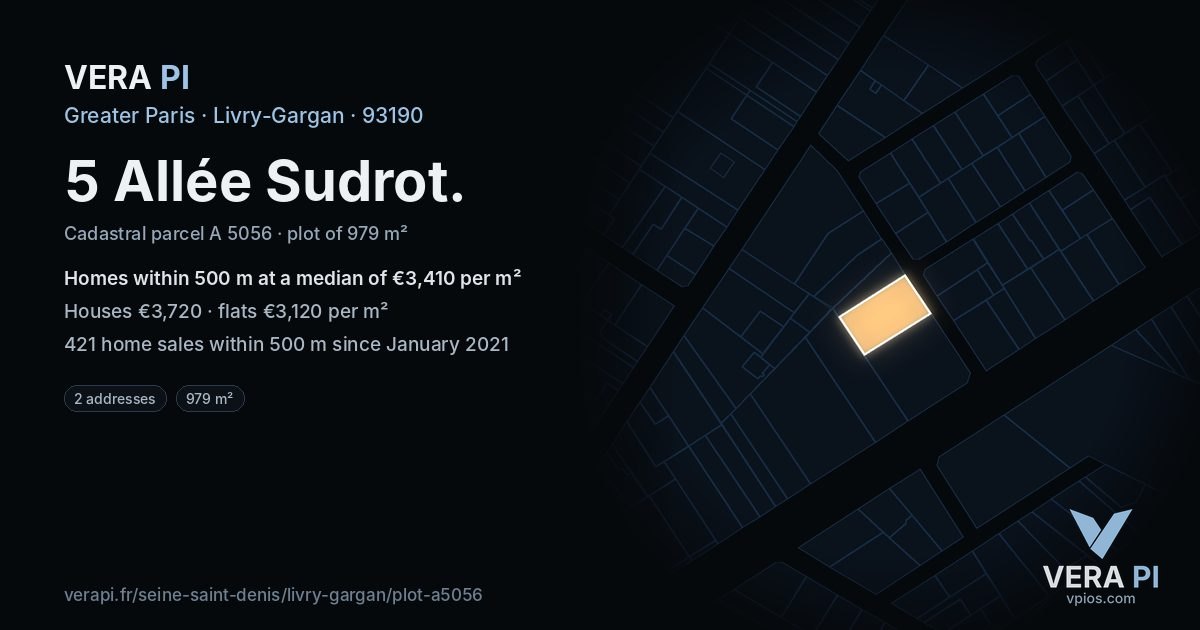 5 Allée Sudrot, Livry-Gargan at night – the plot lit, the parcels around coloured by the prices near them