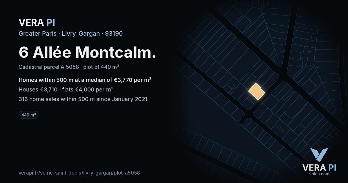 6 Allée Montcalm, Livry-Gargan at night – the plot lit, the parcels around coloured by the prices near them