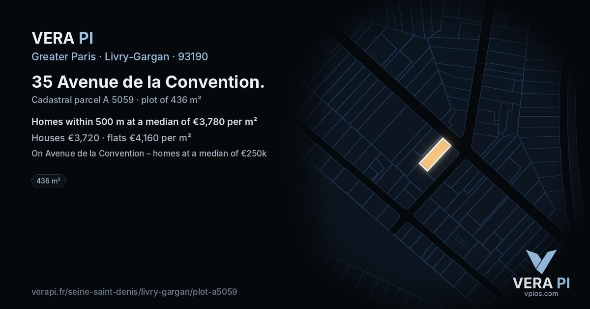 35 Avenue de la Convention, Livry-Gargan at night – the plot lit, the parcels around coloured by the prices near them