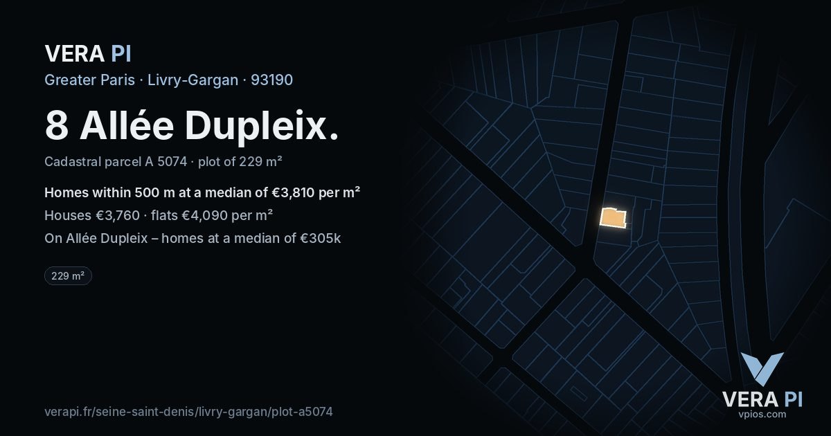 8 Allée Dupleix, Livry-Gargan at night – the plot lit, the parcels around coloured by the prices near them