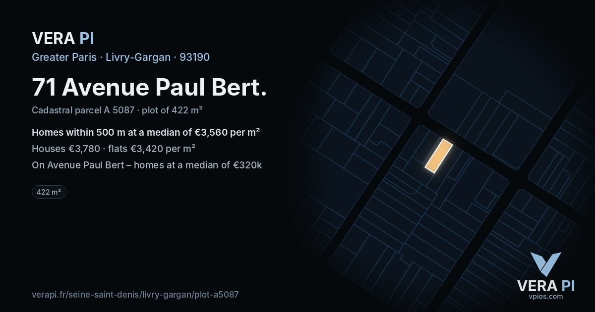 71 Avenue Paul Bert, Livry-Gargan at night – the plot lit, the parcels around coloured by the prices near them