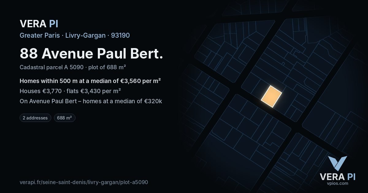 88 Avenue Paul Bert, Livry-Gargan at night – the plot lit, the parcels around coloured by the prices near them