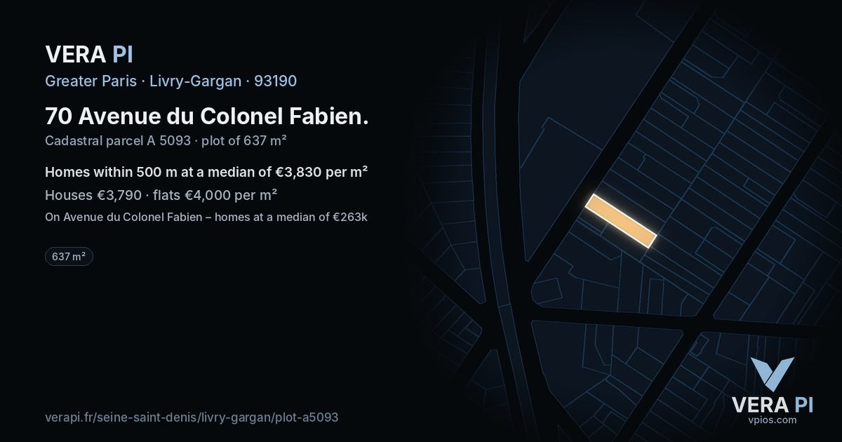 70 Avenue du Colonel Fabien, Livry-Gargan at night – the plot lit, the parcels around coloured by the prices near them