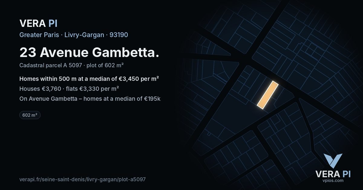 23 Avenue Gambetta, Livry-Gargan at night – the plot lit, the parcels around coloured by the prices near them